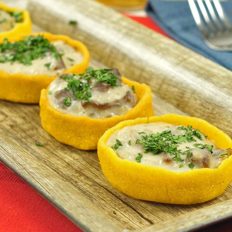 Stroganoff receta en canastilla hechas con Doñarepa